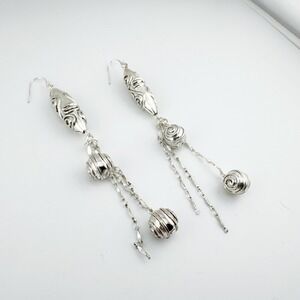 Silver Dangle Earrings Boho‎ Swirl Bead Drop Long Statement